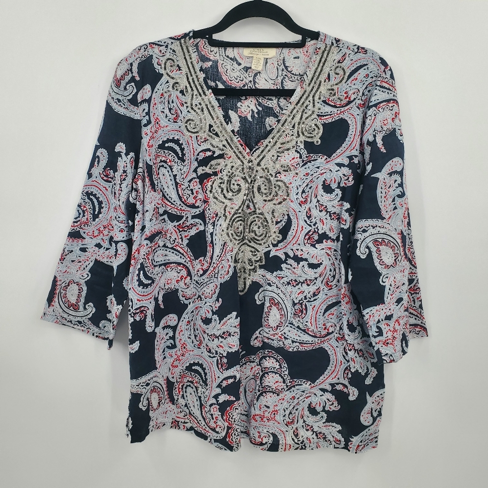 ♤♤ Charter Club Paisley Tunic Top Linen Embroidered Luxury Sequin Size XLP